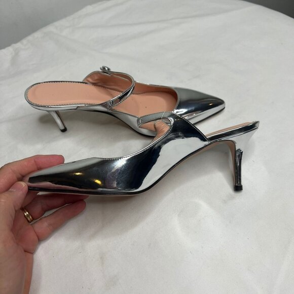 J.Crew $228 Colette Mule Heels Silver Specchio Italian Leather Size 6 BM692 - Picture 7 of 8